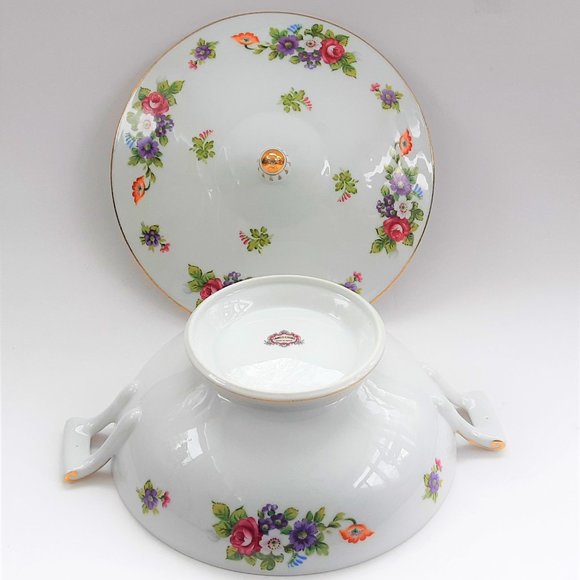 Sango China Covered Bowl Toureen 10" Japan Dresden Flowers Bouquet Gold VTG Mint - Picture 5 of 10